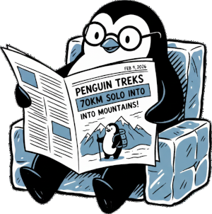 Pinguin mit Zeitung. Headline: Pingiun watschelt alleine 70km um seiner Überzeugung gerecht zu werden.